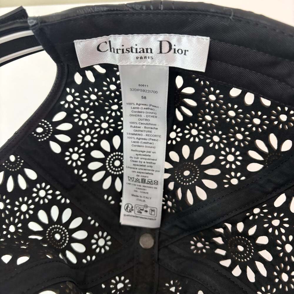 Christian Dior Black Lambskin Leather Laser Cut Floral Hat Size 57 Small - Picture 6 of 10